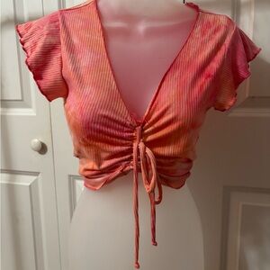 Pink Flutter Sleeve Ruched Crop Blouse